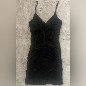 WINDSOR Black Spaghetti Strap Ruched Black Sequin Mini Dress